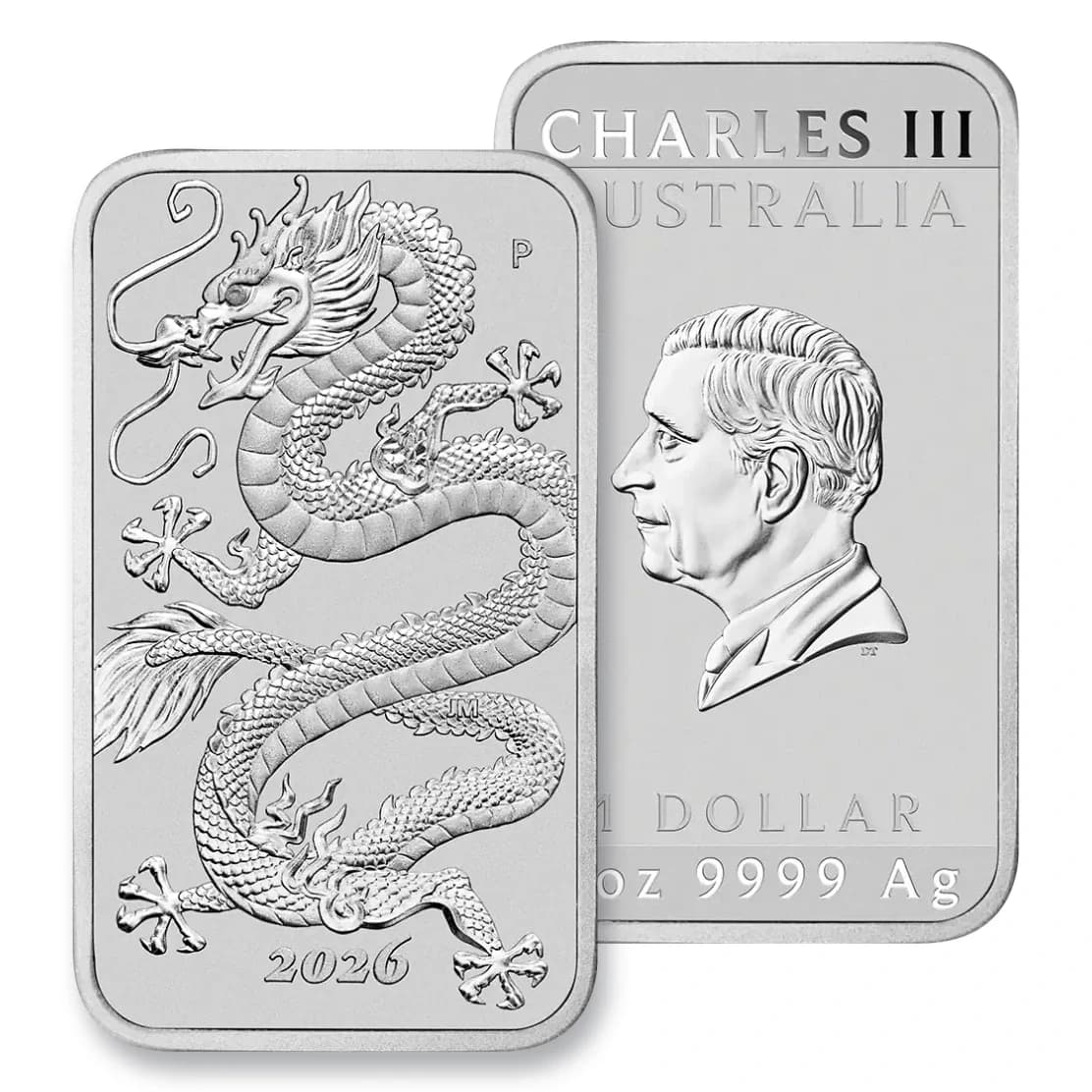 1 oz Dragon Rectangular Silver Coin 2026 — Combined view